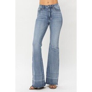Judy Blue High Waist Raw Hem Flare Jean Medium Wash Tummy Control Distressed 15